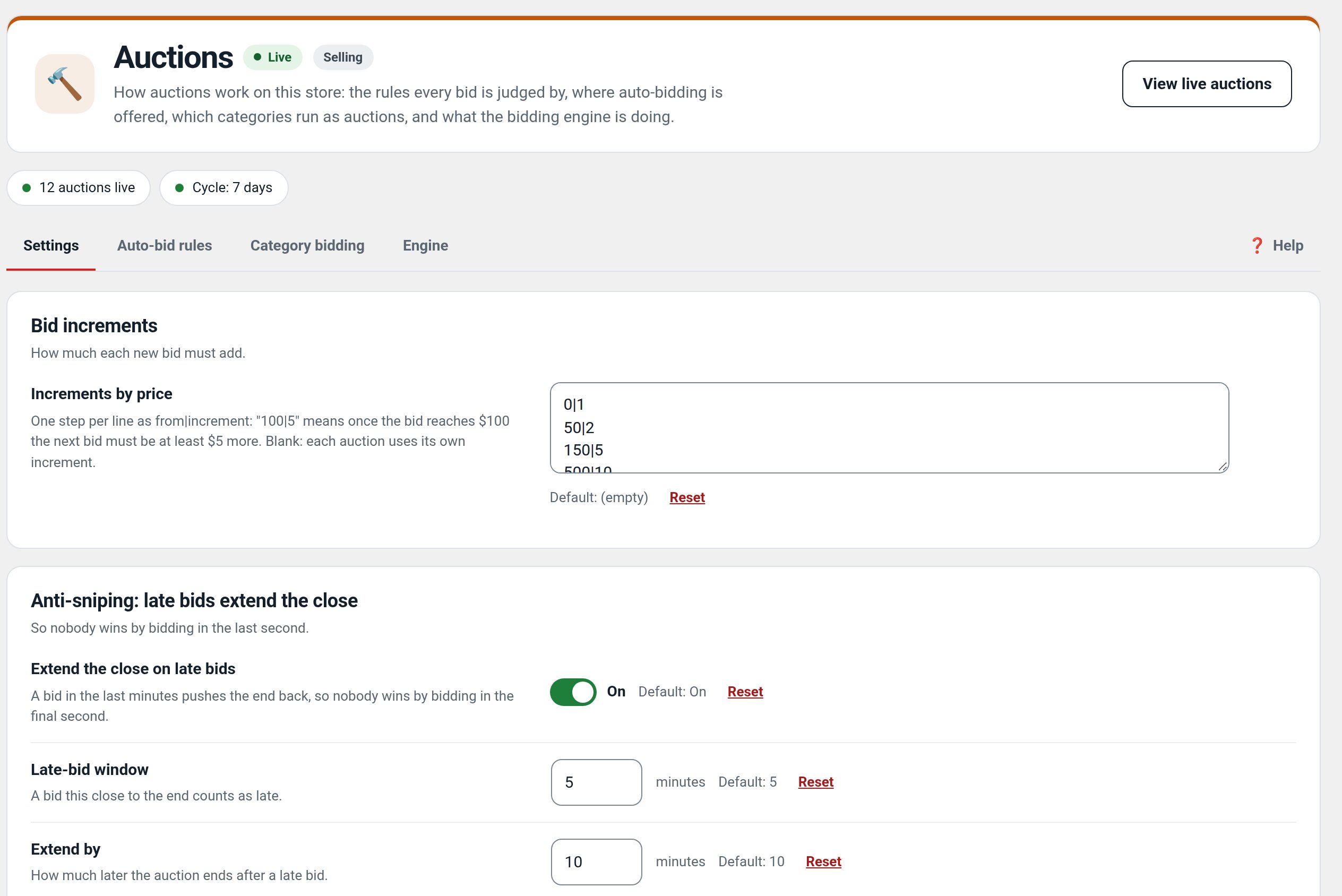Auctions: Settings in wp-admin