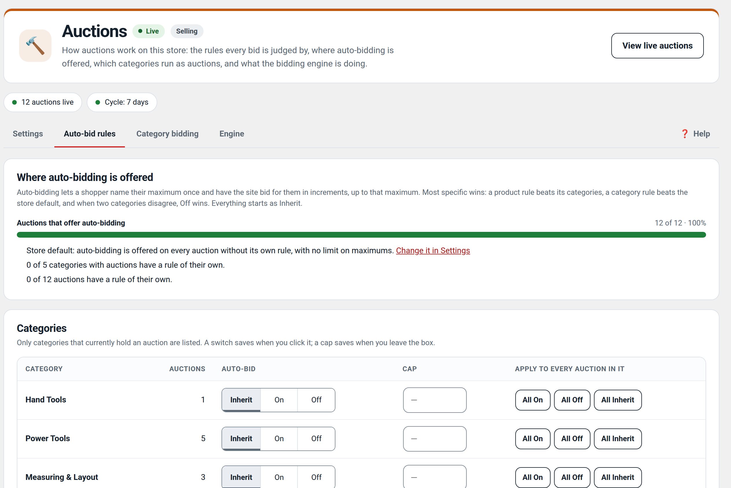 Bidding: Settings in wp-admin