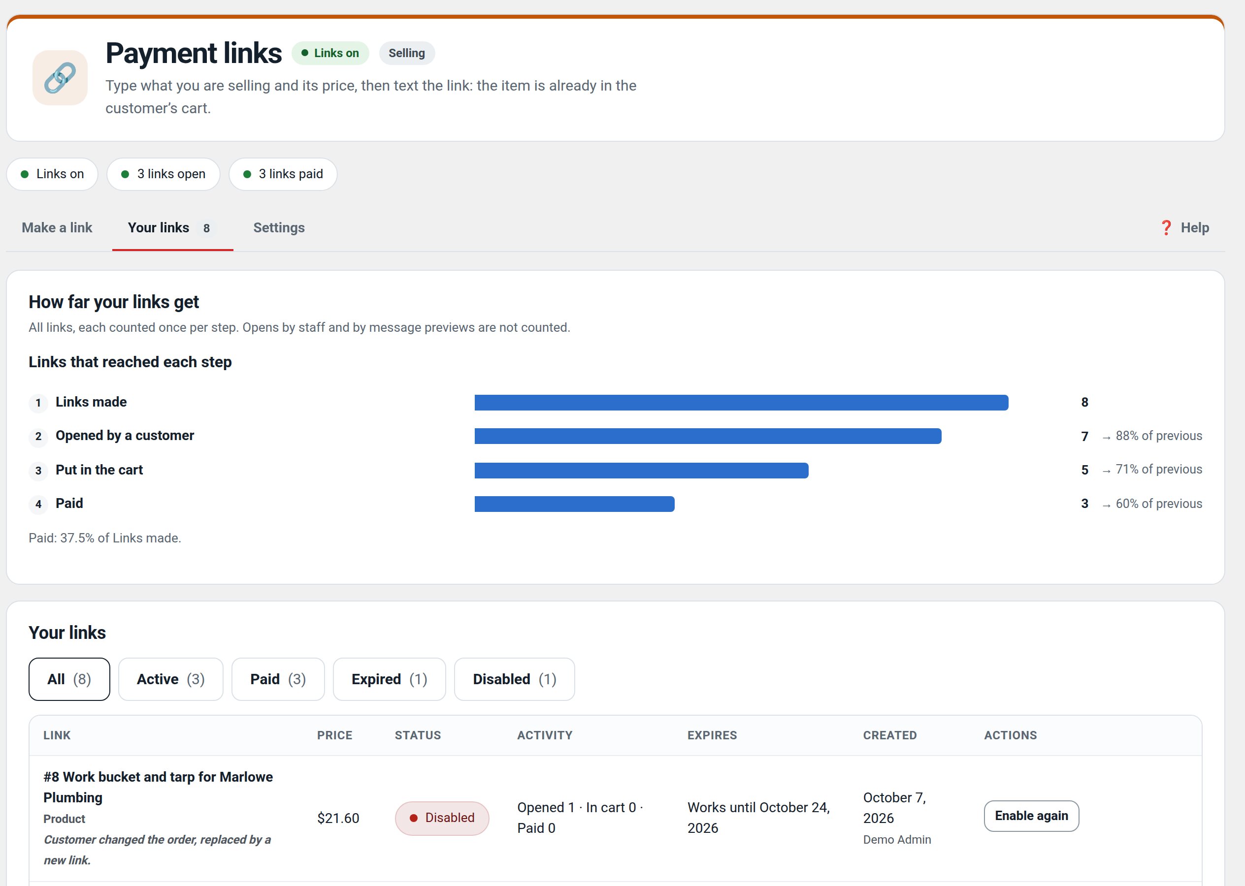 Payment Links: Settings in wp-admin