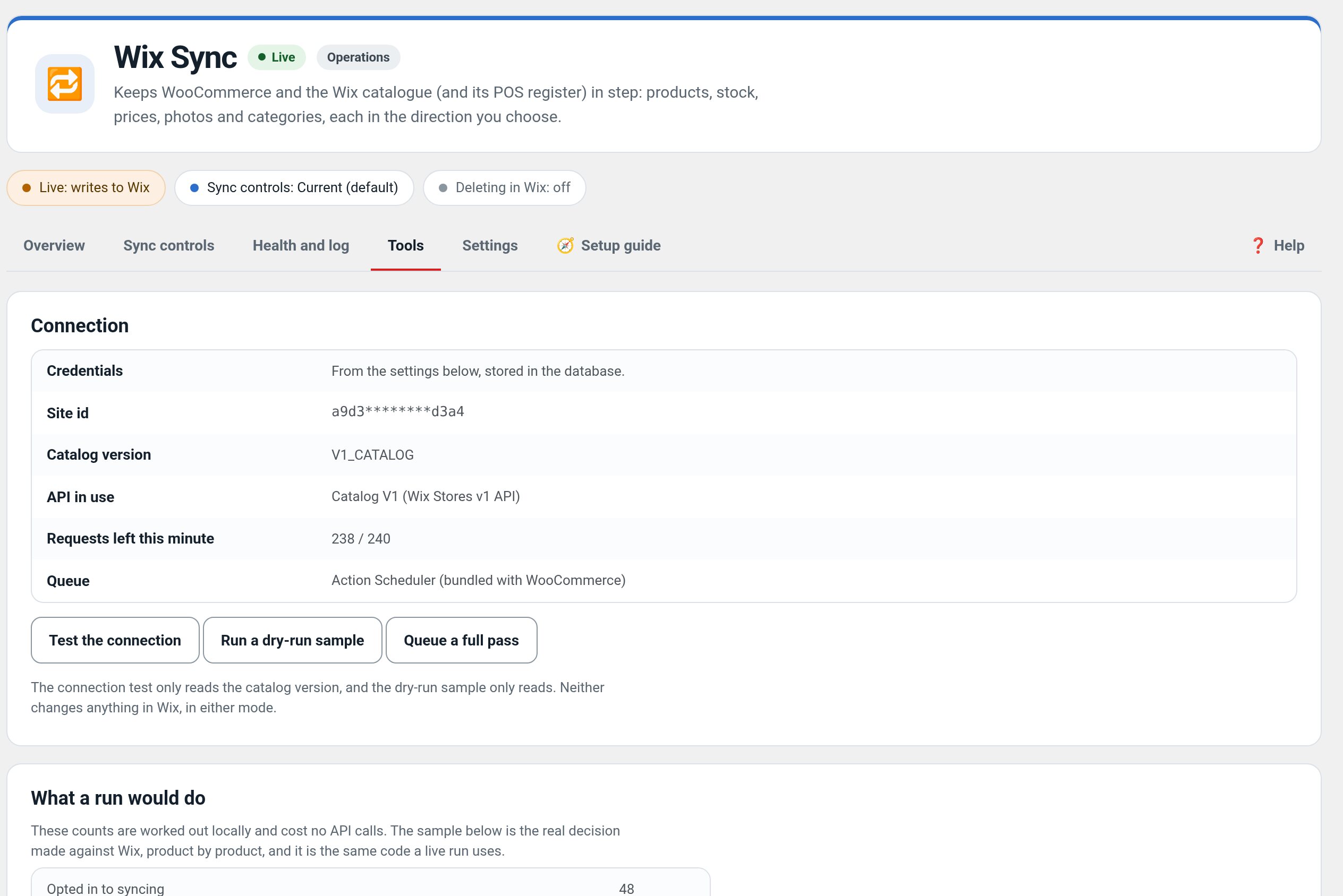 Wix Sync in wp-admin